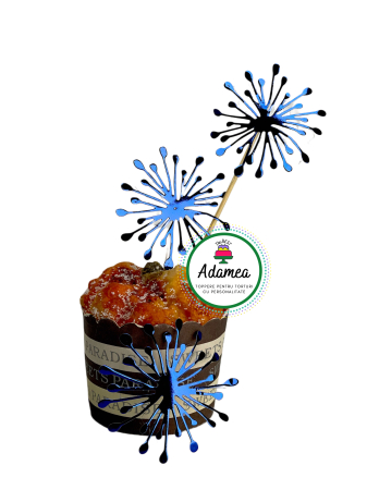 Revelion - Topper de tort  personalizat cu element special din carton sub forma de 3 artificii albasrtu oglinda