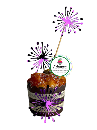 Revelion - Topper de tort  personalizat cu element special din carton sub forma de 3 artificii mov oglinda
