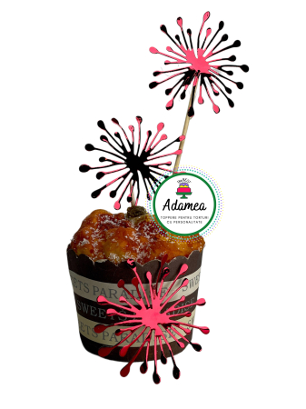 Revelion - Topper de tort  personalizat cu element special din carton sub forma de 3 artificii rosu  oglinda