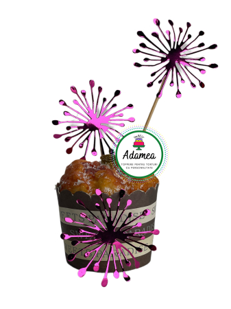 Revelion - Topper de tort  personalizat cu element special din carton sub forma de 3 artificii roz oglinda