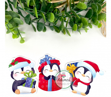 Crăciun - Topper de tort cu element special din carton sub forma de pinguini simpatici de Craciun
