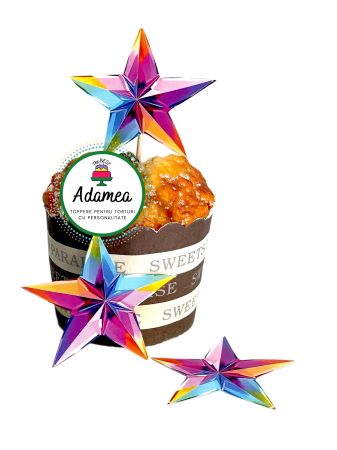 Steluțe, nori, luna si soare - Topper de tort  personalizat cu element special din carton sub forma de 3 stelute colorate tip curcubeu