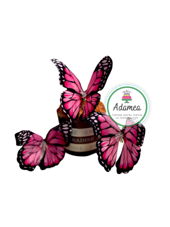 Topper de tort  personalizat cu element special din acril  si material textil sub forma de 3 fluturasi monarh roz fucsia [1]