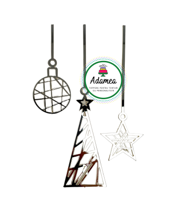 Topper de tort  personalizat cu element special din plexiglas auriu sau argintiu cu globuri de brad de  Craciun [1]