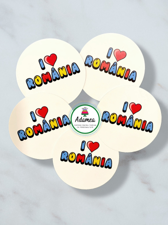 1 Decembrie - Romania - Topper de tort  personalizat cu element special din carton sub forma de disc alb cu I love Romania in culorile steagului