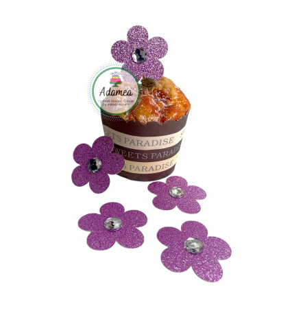 Rapunzel - Toppere de tort sub forma de 5 flori mov glitter cu cristal perfecte pentru Rapunzel sau alte tematici