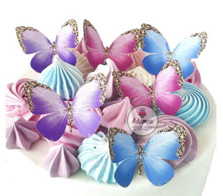 Animale din pădure - Toppere tort cu fluturi din carton bleu, roz, mov cu imitatie de glitter