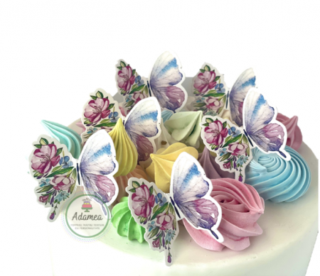 Topper tort cu fluturi din carton cu fluturi pastel si aripa cu flori