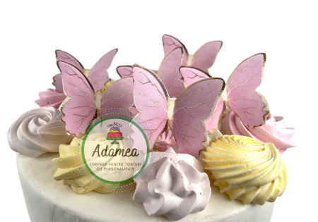 Fluturași - topper de tort cu element special din carton sub forma de fluturi roz cu auriu