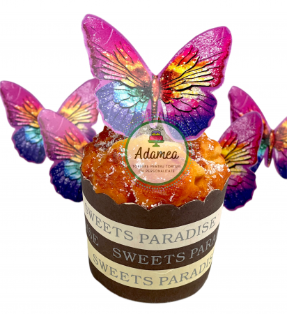 Topper de tort cu element special din carton sub forma de fluturi roz cu glitter