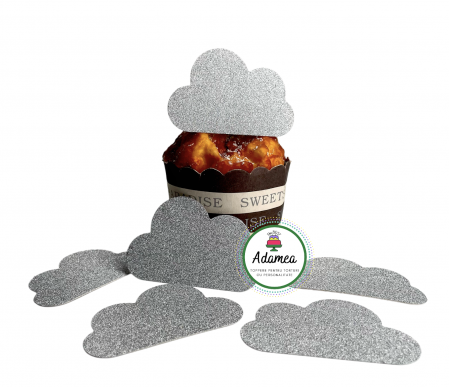 Curcubeu - Topper de tort  personalizat cu element special din carton sub forma de  6 nori glitter argintiu