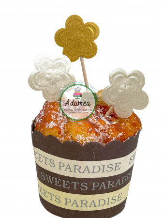 Topper de tort cu element special din carton sub forma de flori cu efect 3D auriu si crem sidef [0]