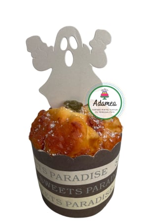 Halloween - Topper de tort  personalizat cu element special din carton  alb sidefat cu 2 fantome de Halloween