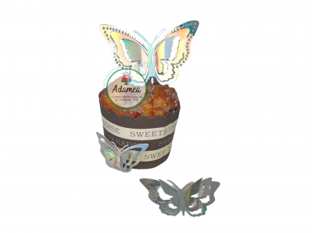 Topper de tort cu element special din carton sub forma de fluture 3D argintiu oglinda heliomat