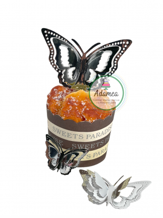 Topper de tort cu element special din carton sub forma de fluture 3D argintiu oglinda