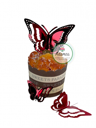 Topper de tort cu element special din carton sub forma de fluture 3D rosu oglinda