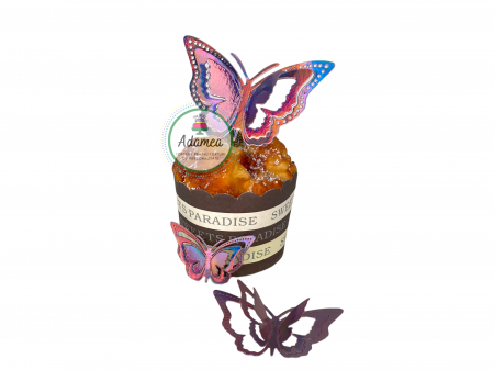 Topper de tort cu element special din carton sub forma de fluture 3D roz heliomat oglinda
