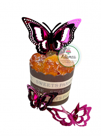 Topper de tort cu element special din carton sub forma de fluture 3D roz oglinda