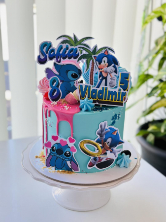 Topper de tort  personalizat cu element special din carton sub forma de  3 ipostaze mici cu Stitch [1]