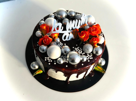 Topper de tort  personalizat cu element special din acril sub forma de bile sau fere pentru torturile cu baloane argintiu silver metalic [4]