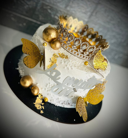 Topper de tort  personalizat cu element special din acril sub forma de bile sau fere pentru torturile cu baloane auriu gold metalic [5]
