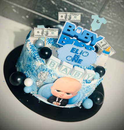 Topper de tort  personalizat cu element special din acril sub forma de bile sau fere pentru torturile cu baloane bebe blue [4]