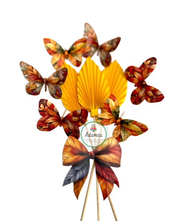 Topper de tort  personalizat cu element special din carton  cu 6 fluturasi cu print de frunze de toamna ruginii [2]