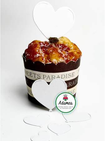 Sfantul Valentin - Dragobete - iubire - Topper de tort  personalizat cu element special din carton sub forma de 6 inimioare albe sclipitoare tip baloane