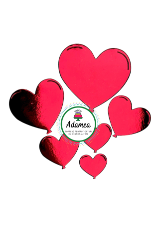 Toppere tort - topper de tort  personalizat cu element special din carton sub forma de 6 inimioare rosu oglinda  tip baloane
