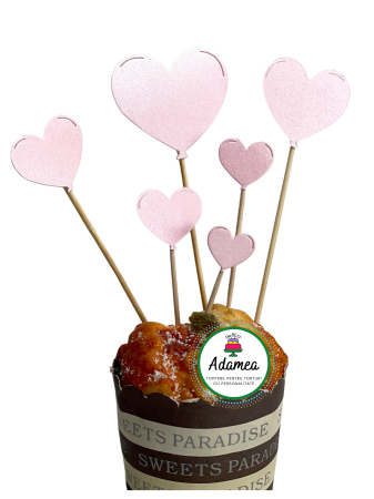 Sfantul Valentin - Dragobete - iubire - Topper de tort  personalizat cu element special din carton sub forma de 6 inimioare roz pal sidef  tip baloane
