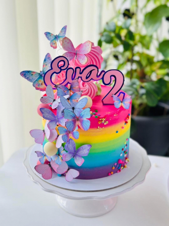 Topper de tort  personalizat cu element special din carton sub forma de  9 fluturi de marimi diferite roz cu mov [1]