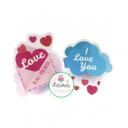 Sfantul Valentin - Dragobete - iubire - Set toppere de tort cu ornament din carton cu scrisoare si nor cu iubire
