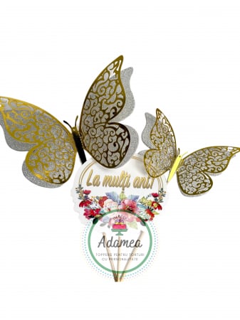 Pachete  Ready to Use - Topper de tort cu element special din carton sub forma de placuta cu la multi ani cu flori si 2 fluturi auriu oglinda brodati dublati cu argintiu glitter
