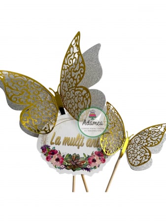 Pachete  Ready to Use - Topper de tort cu element special din carton sub forma de mesajul La multi ani cu flori si 2 fluturi dublati auriu oglinda perforat cu argintiu cu glitter