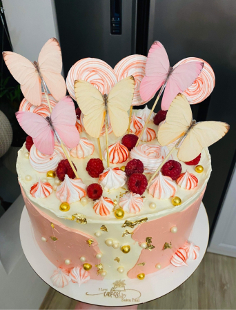 Ornament tort cu 5 toppere fluturi pastelati roz si crem [3]