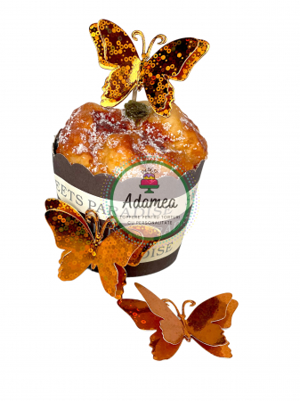 Fluturași - Topper de tort cu element special din carton sub forma de fluture 3D galben intens dublat heliomat oglinda