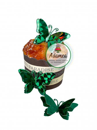 Fluturași - Topper tort carton premium cu fluturi 3D, dublati verde heliomat oglinda