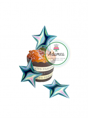 Steluțe, nori, luna si soare - Topper de tort cu element special din carton sub forma de  banut stelute bleu lucios