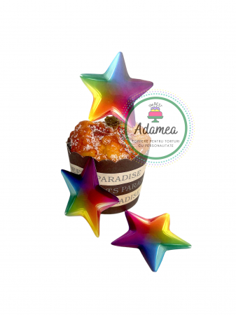 Steluțe, nori, luna si soare - Topper de tort cu element special din carton sub forma de stelute colorate cu efect 3D