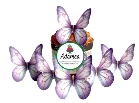Fluturași - Topper de tort  personalizat cu element special din carton sub forma de 6 fluturasi mov cu insertie tip glitter auriu