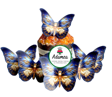 Fluturași - Topper de tort  personalizat cu element special din carton sub forma de 6 fluturasi albastri eleganti cu insertii caramizii si tip sclipici auriu