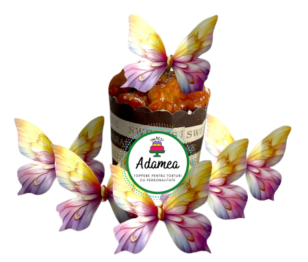 Fluturași - Topper de tort  personalizat cu element special din carton sub forma de 6 fluturasi roz cu galben pal si mov