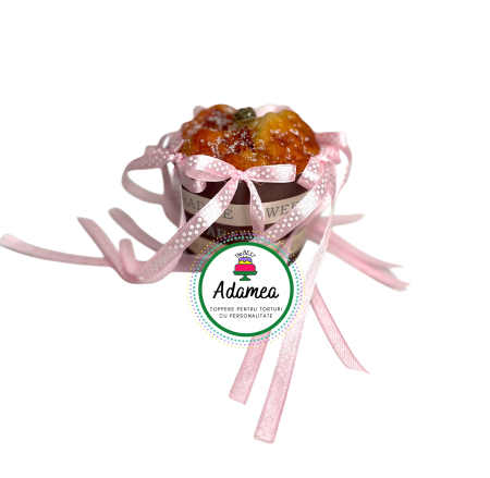 Fundite din panglica - Topper de tort personalizat cu fundite din satin roz pal deschis cu buline albe