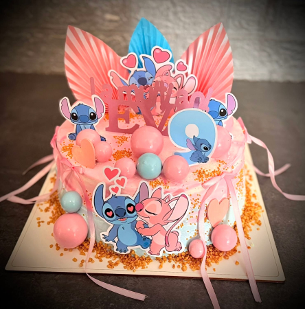 Topper de tort personalizat cu fundite din satin roz pal deschis cu buline albe [1]