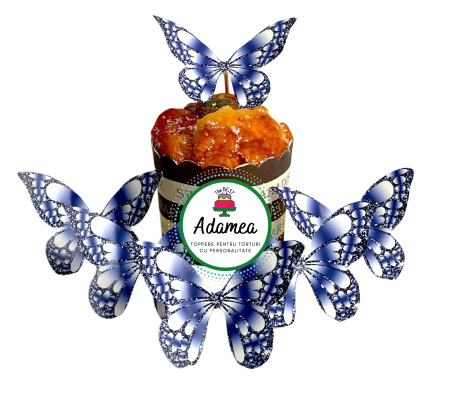 Fluturași - Topper de tort  personalizat cu element special din carton sub forma de 6 fluturasi albastri cu insert tip glitter albastru