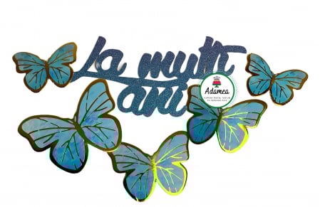 topper de tort  personalizat cu element special din carton sub forma de  fluturi bleu albastru cu auriu si la multi ani in degrade cu albastru si mov [0]