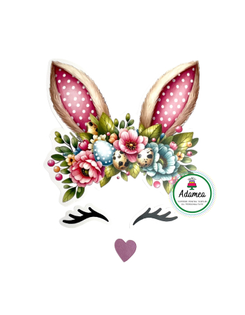 Sarbatori Pascale - Topper de tort  personalizat cu element special din carton  premium de inalta calitate sub forma de iepure cu foricele de primavara, oua colorate, ochi si nasuc