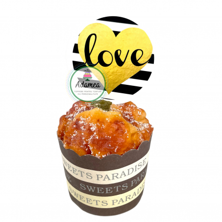 Topper de tort cu element special din carton sub forma de discheta cu dungi si inima cu Love