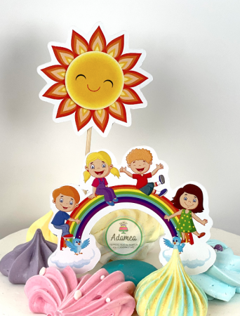 Ziua Copilului - Topper tort cu decor din carton cu copii pe curcubeu si soare
