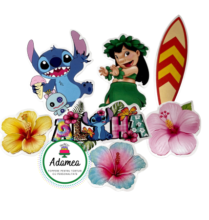 Topper de tort personalizat cu element special din carton cu Lilo, Stitch, flori, aloha si placa de surf